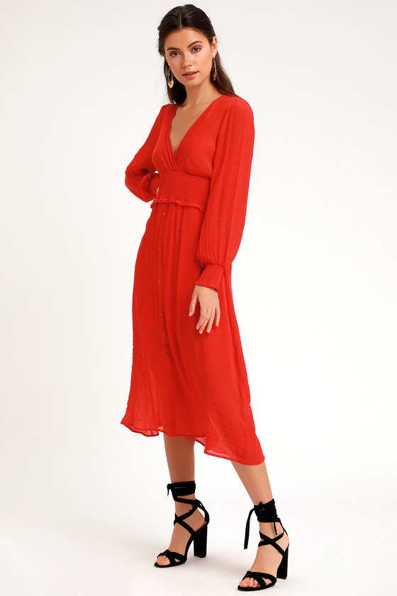 Bright Red Dress - Midi Dress - Casual ...